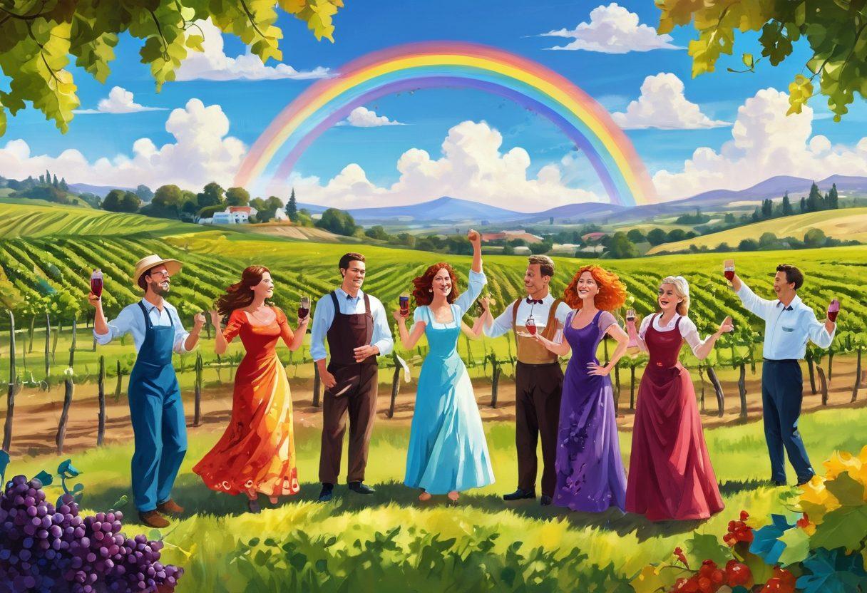 A whimsical vineyard scene with vibrant grapevines dancing in the sunlight, playful wine bottles with smiling faces, and cheerful winemakers in colorful outfits celebrating the joy of winemaking. Include fantastical elements like talking grapes and a rainbow arching above the vineyard. The sky should be bright and cheerful with fluffy white clouds. cartoonish style. vibrant colors. white background.
