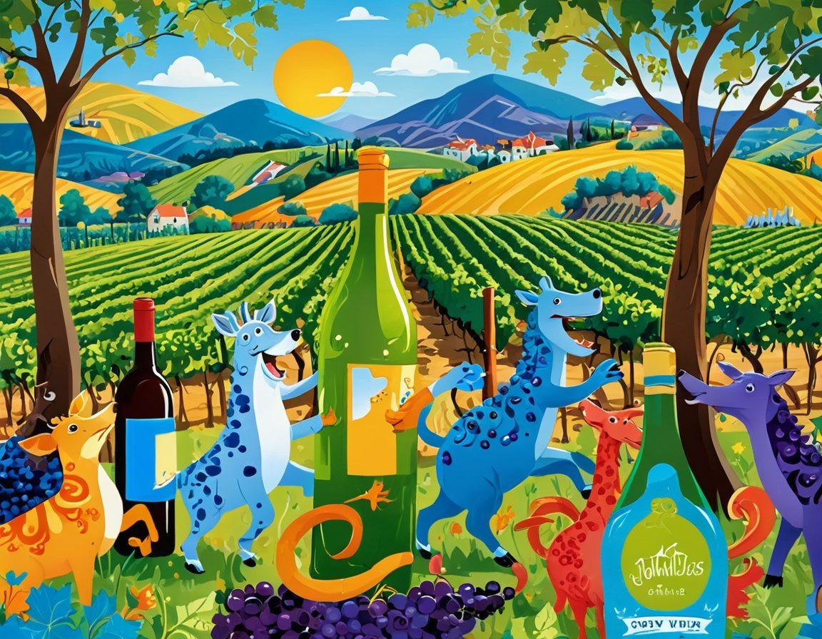 A whimsical vineyard scene featuring playful vines curling and twisting in joyful patterns, intertwined with grapes sparkling under the sun. Cheerful characters, such as smiling animals and cartoonish figures, joyfully interacting with the vines as they craft colorful bottles of wine. The background showcases rolling hills and a bright blue sky, evoking a sense of celebration and happiness. vibrant colors. cartoonish style.