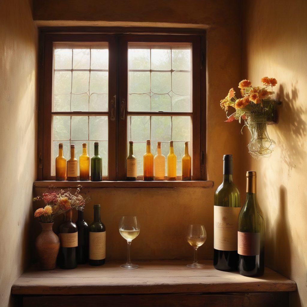 A cozy vintage wine cellar filled with dusty bottles, showcasing a transition from dark and eerie to radiant and exquisite colors, accentuated by soft golden light streaming in through a wooden window. Include details like cobwebs turning into delicate flowers, grapes hanging around, and a joyful figure in vintage attire savoring a glass of wine, exuding happiness. super-realistic. warm tones. soft focus.